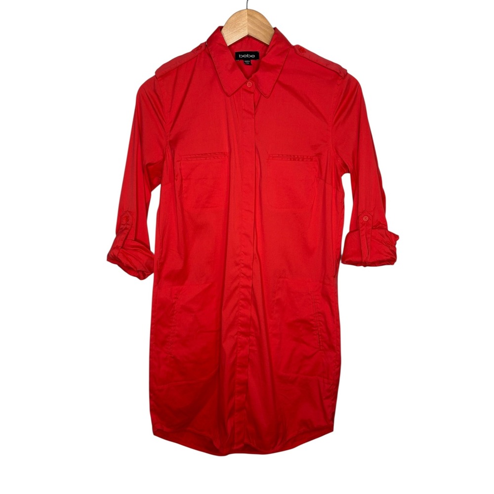 Bebe Coral Button Up Roll Tab Sleeve‎ Shirt Dress Utility Pockets Size Small